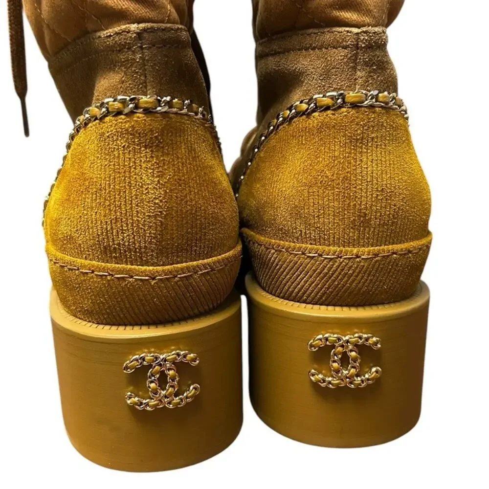Chanel Quilted Suede Calfskin Chunky Heel Lace Up Combat Boots Womens 39 / US 9